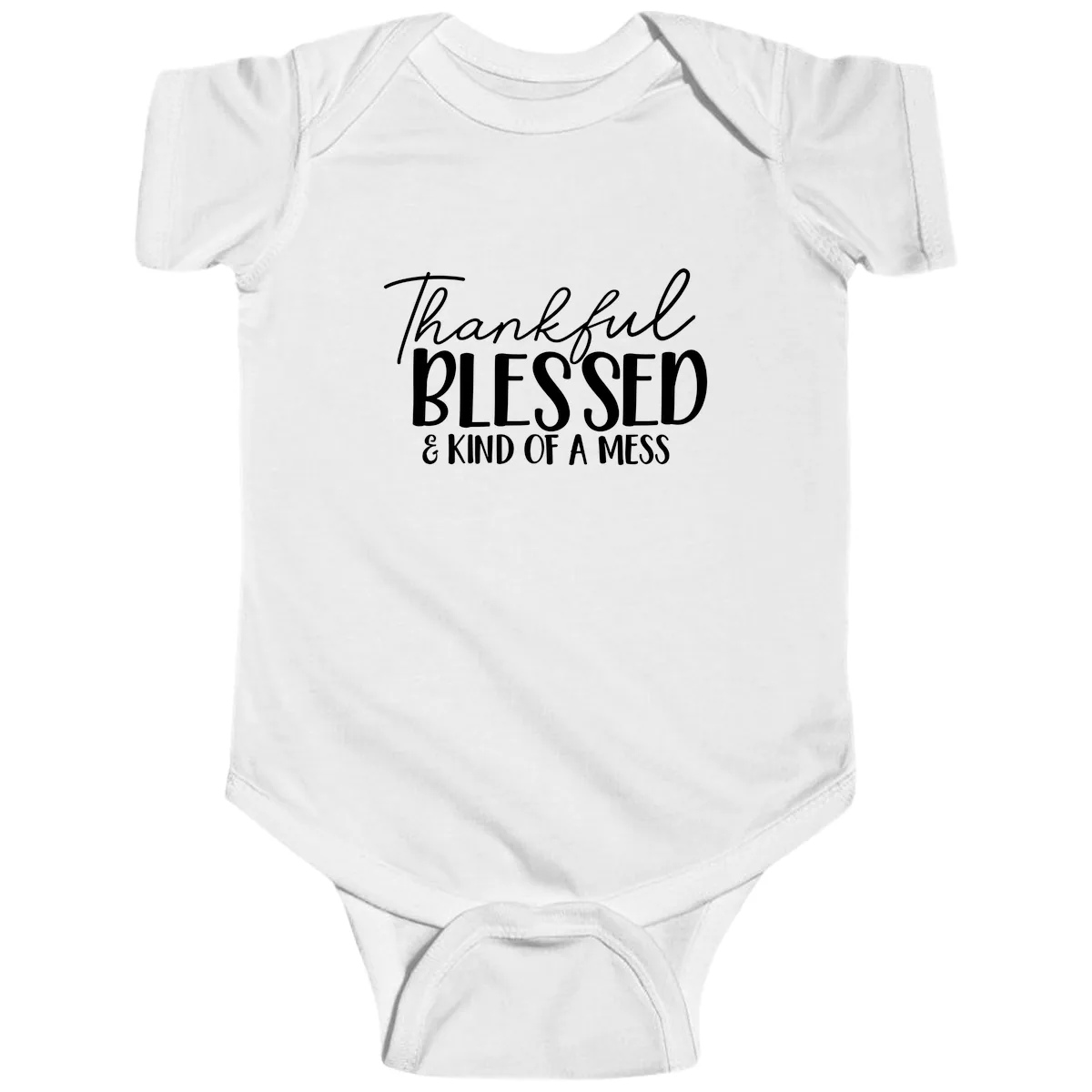 Thankful Blessed Kind Of A Mess Baby Onesie in White