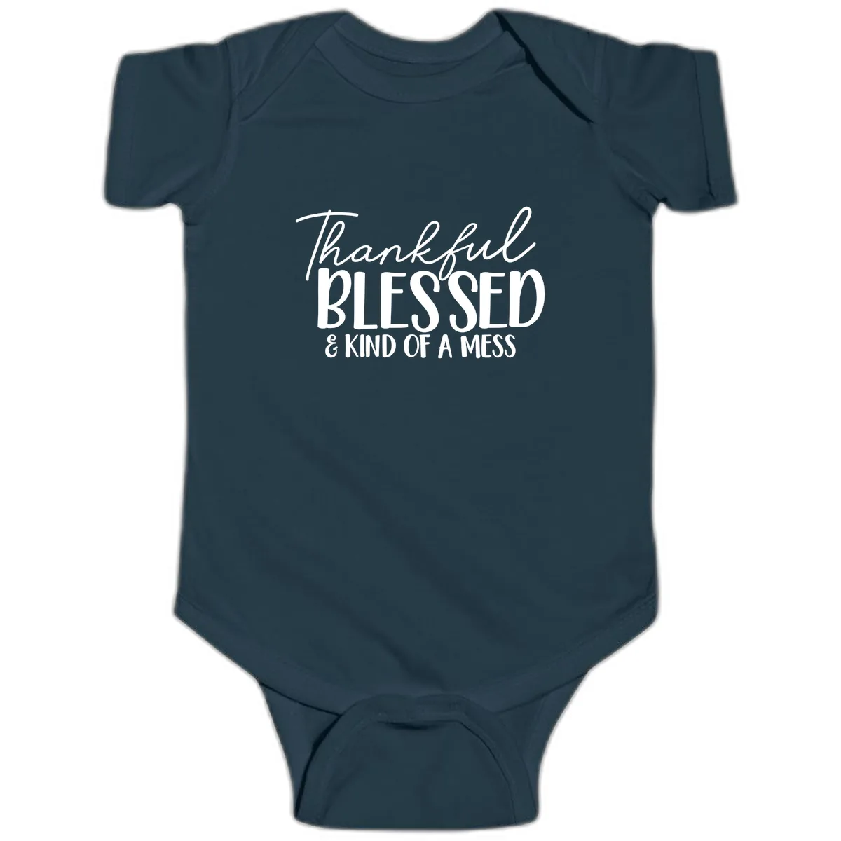 Thankful Blessed Kind Of A Mess Baby Onesie in Navy