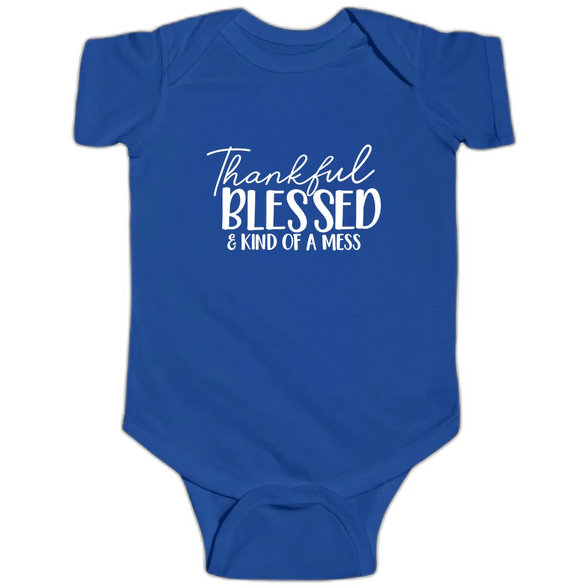 Thankful Blessed Kind Of A Mess Baby Onesie in Royal