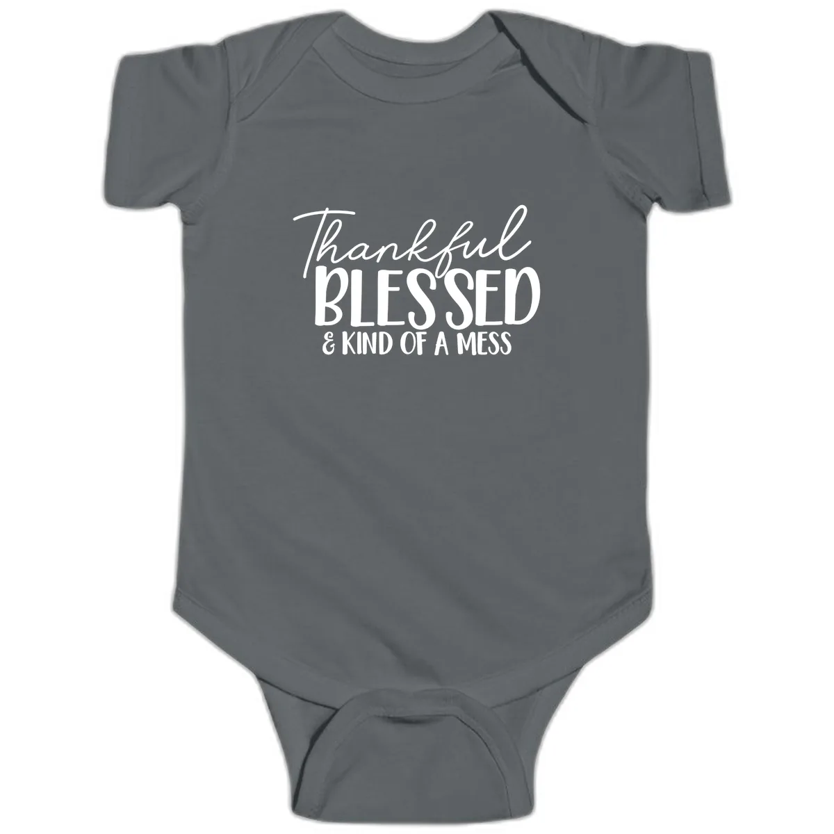 Thankful Blessed Kind Of A Mess Baby Onesie in Charcoal