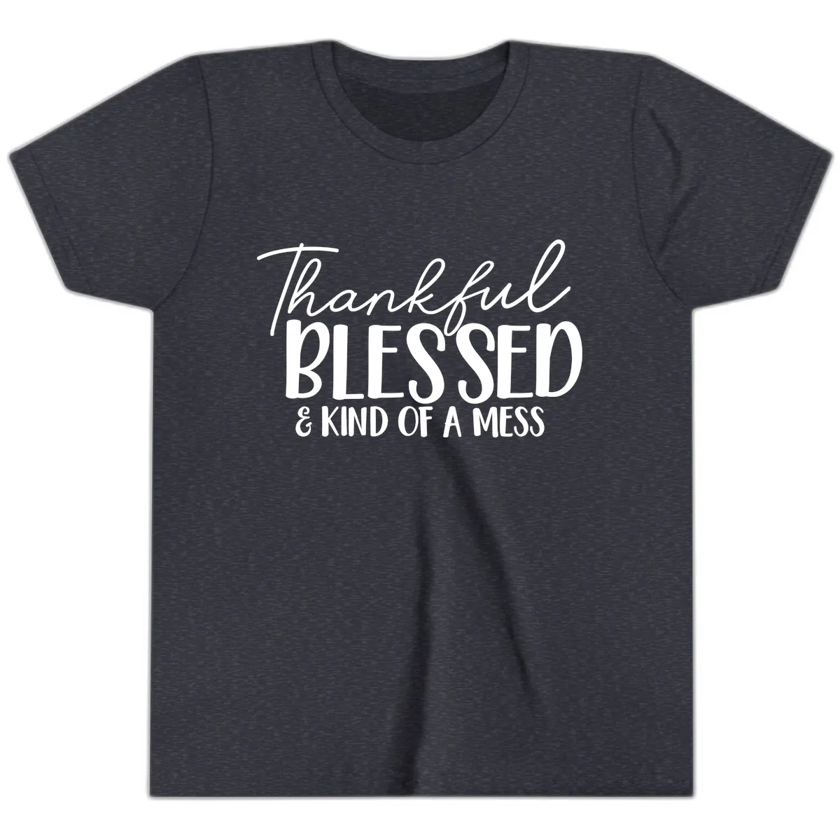 Thankful Blessed Kind Of A Mess Youth T-Shirt in Heather Navy