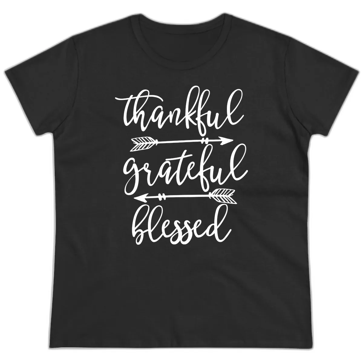 Thankful Grateful Blessed Typography Design Ladies Tee in Black