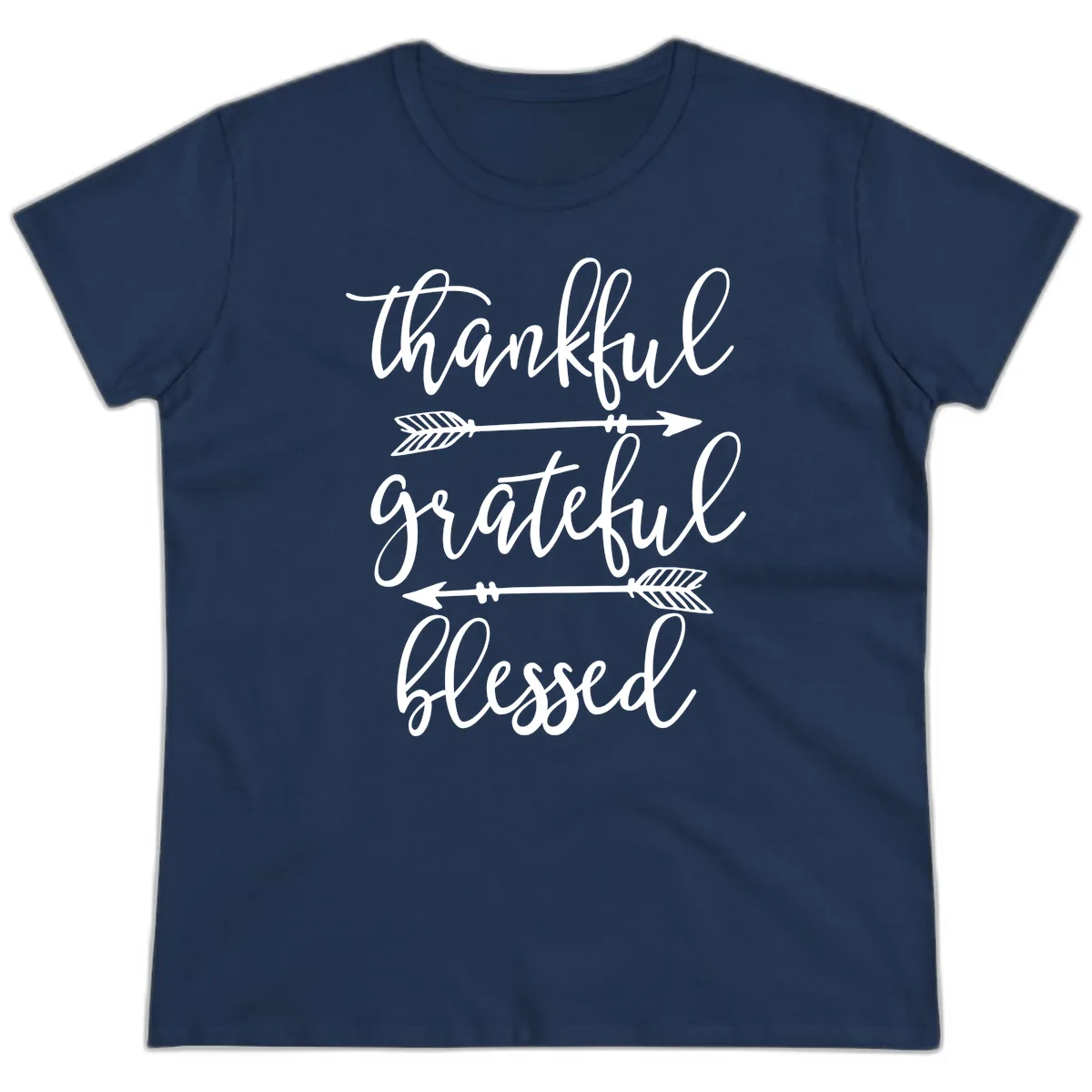 Thankful Grateful Blessed Typography Design Ladies Tee in Navy
