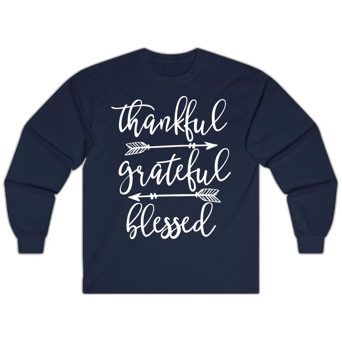 Thankful Grateful Blessed Typography Design Long Sleeve in Navy