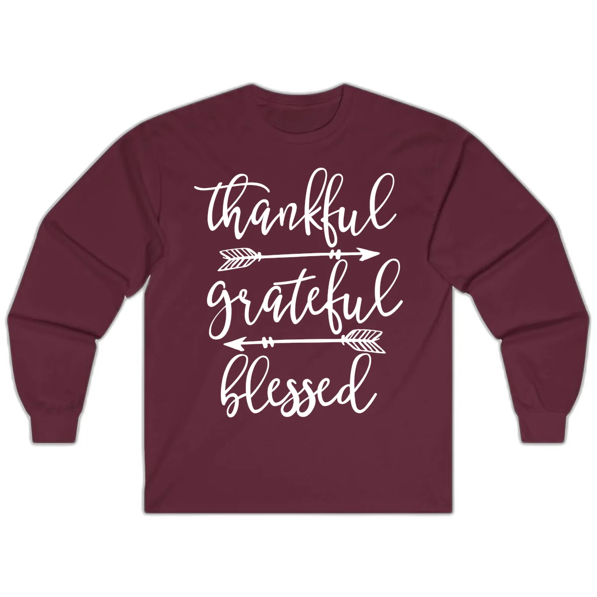 Thankful Grateful Blessed Typography Design Long Sleeve in Maroon