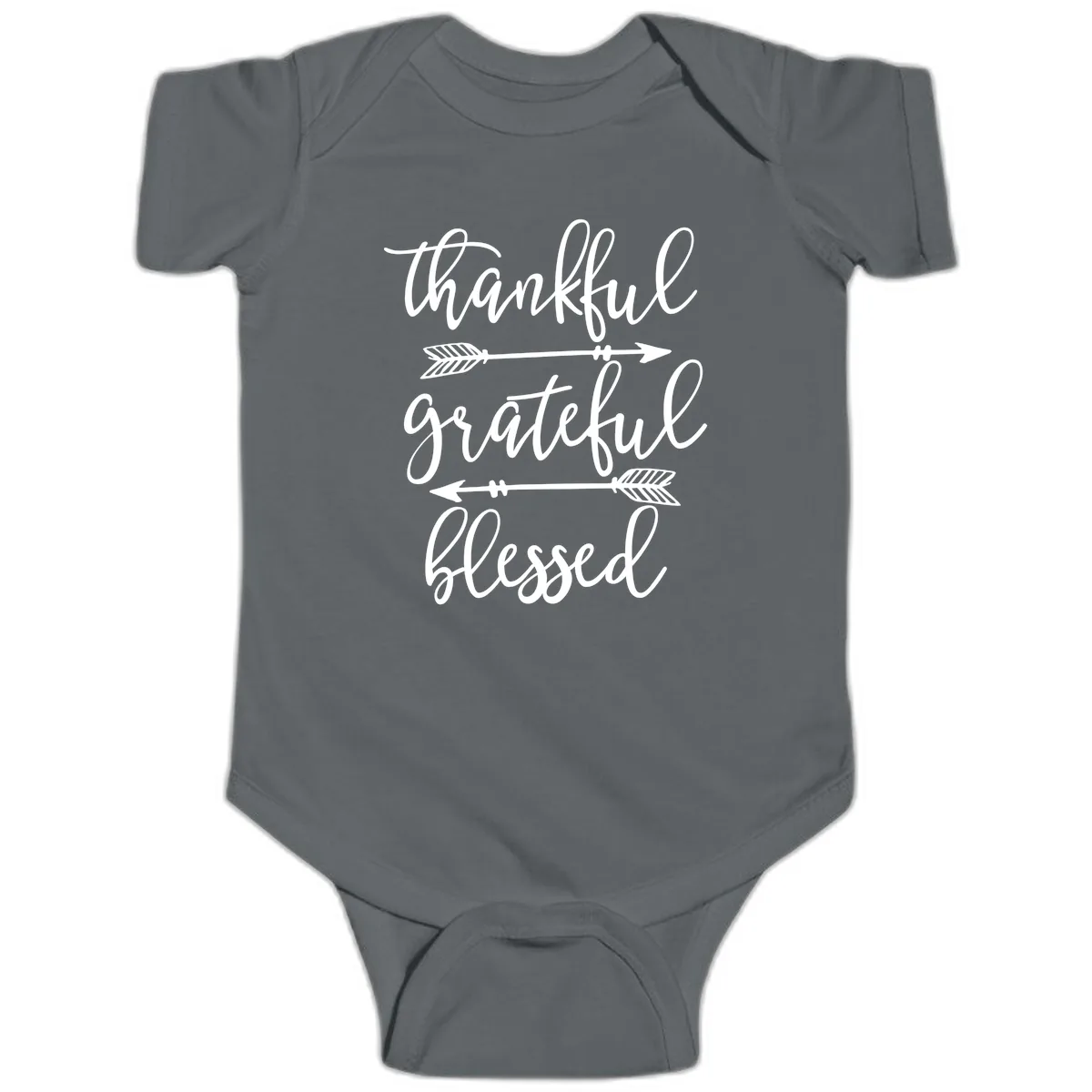 Thankful Grateful Blessed Typography Design Baby Onesie in Charcoal