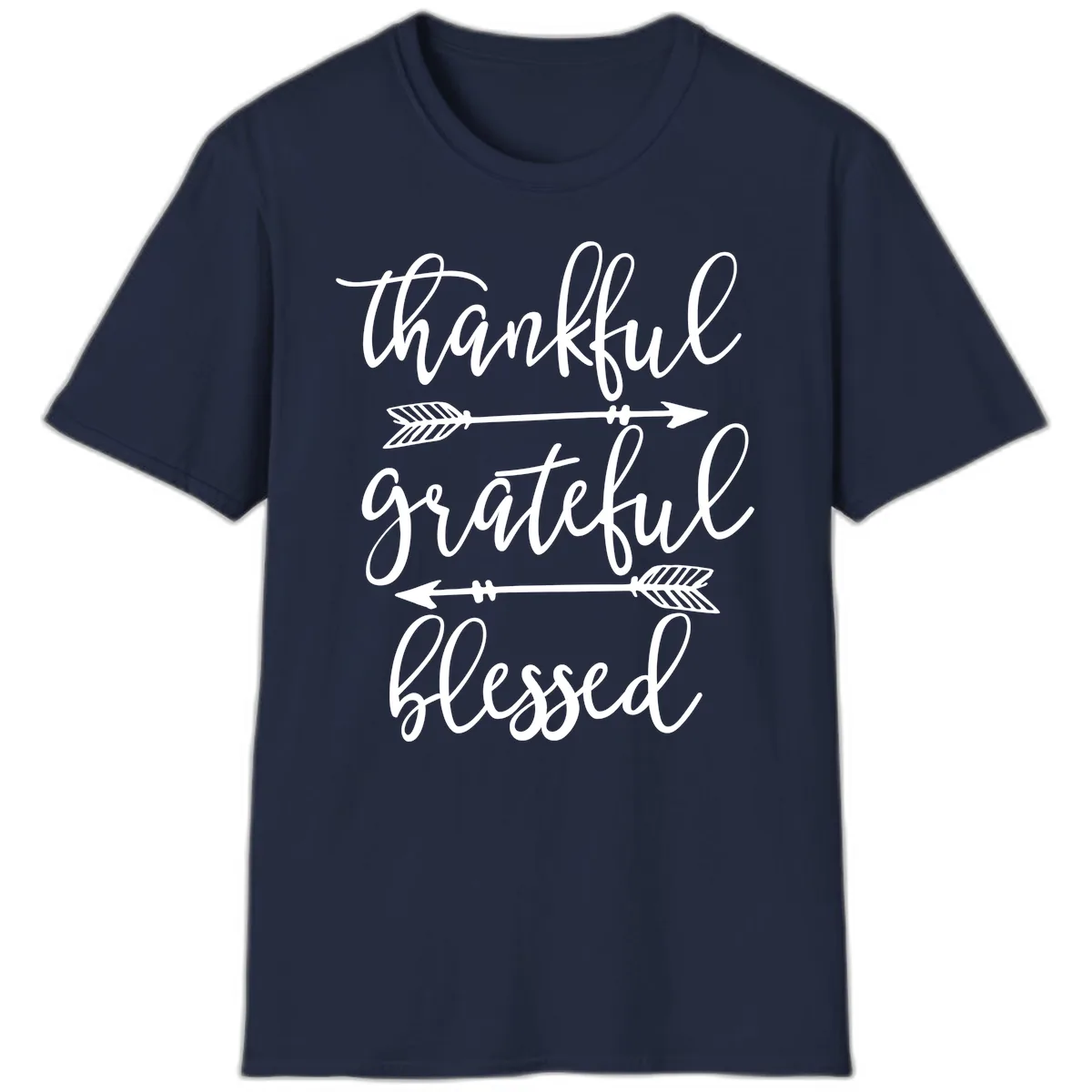 Thankful Grateful Blessed Typography Design T-Shirt in Navy