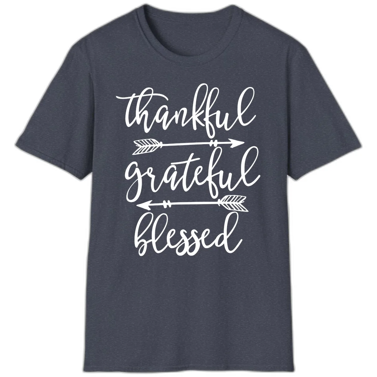 Thankful Grateful Blessed Typography Design T-Shirt in Heather Navy