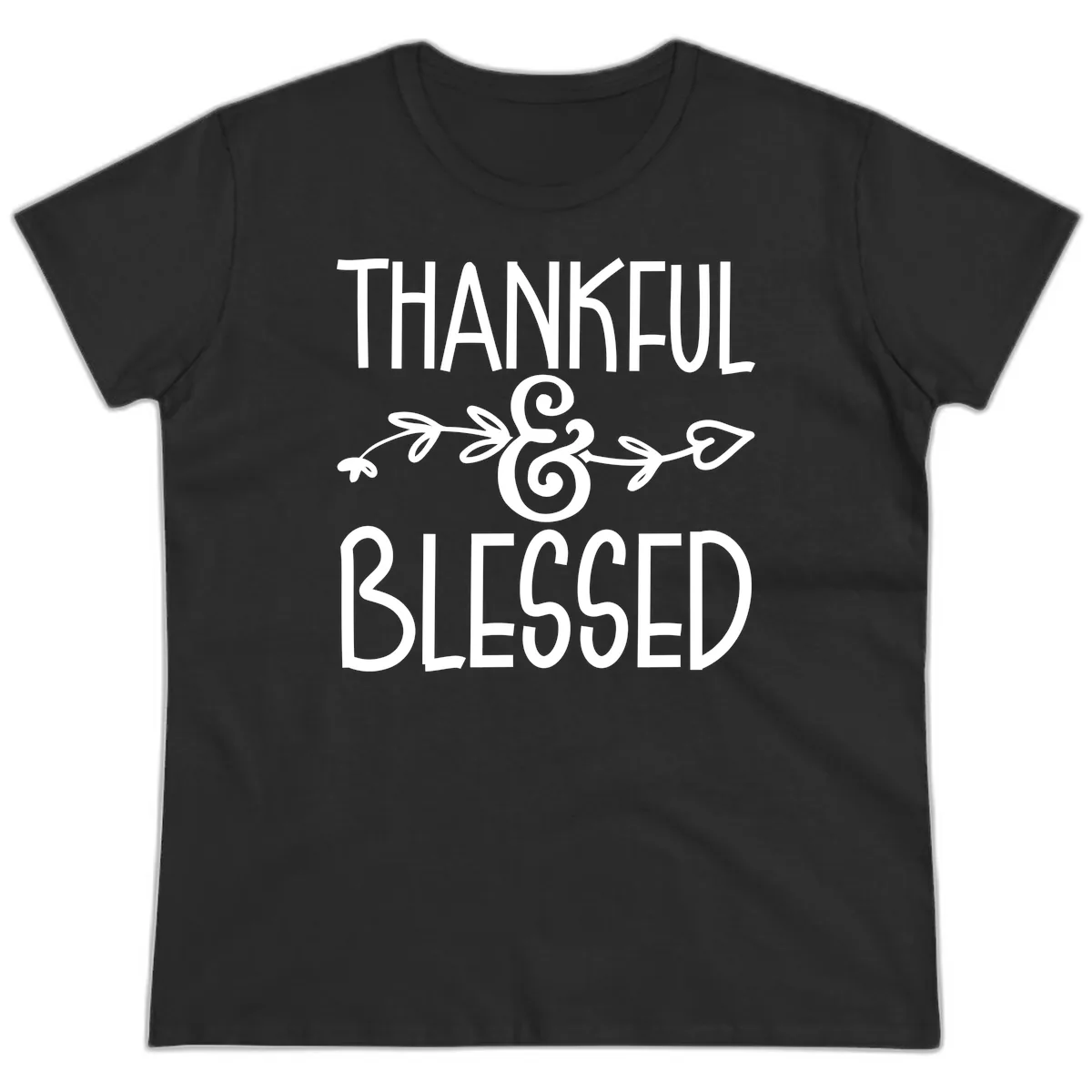 Thankful & Blessed Typography Design Ladies Tee in Black