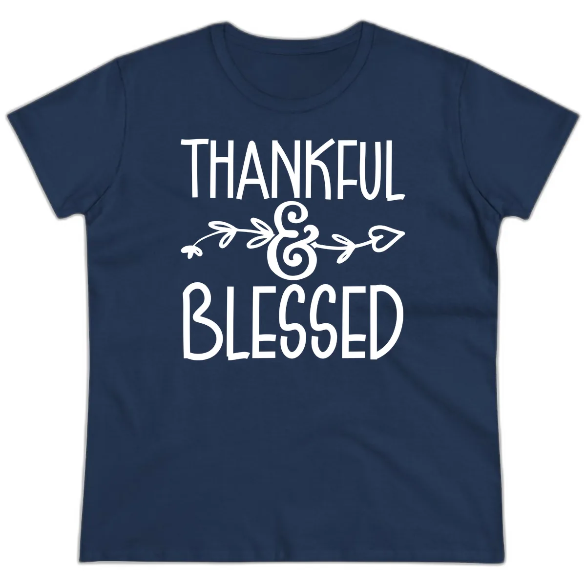 Thankful & Blessed Typography Design Ladies Tee in Navy