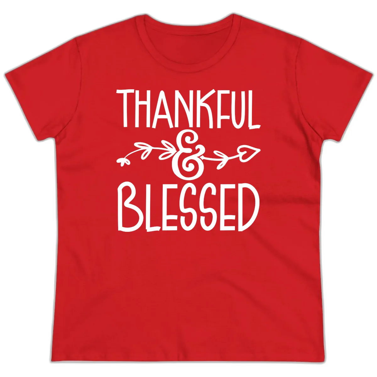 Thankful & Blessed Typography Design Ladies Tee in Red