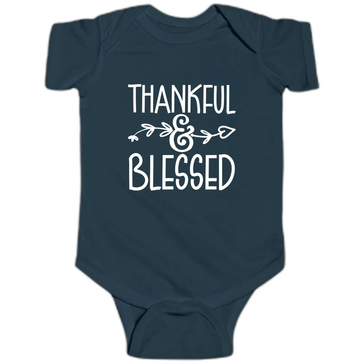 Thankful & Blessed Typography Design Baby Onesie in Navy