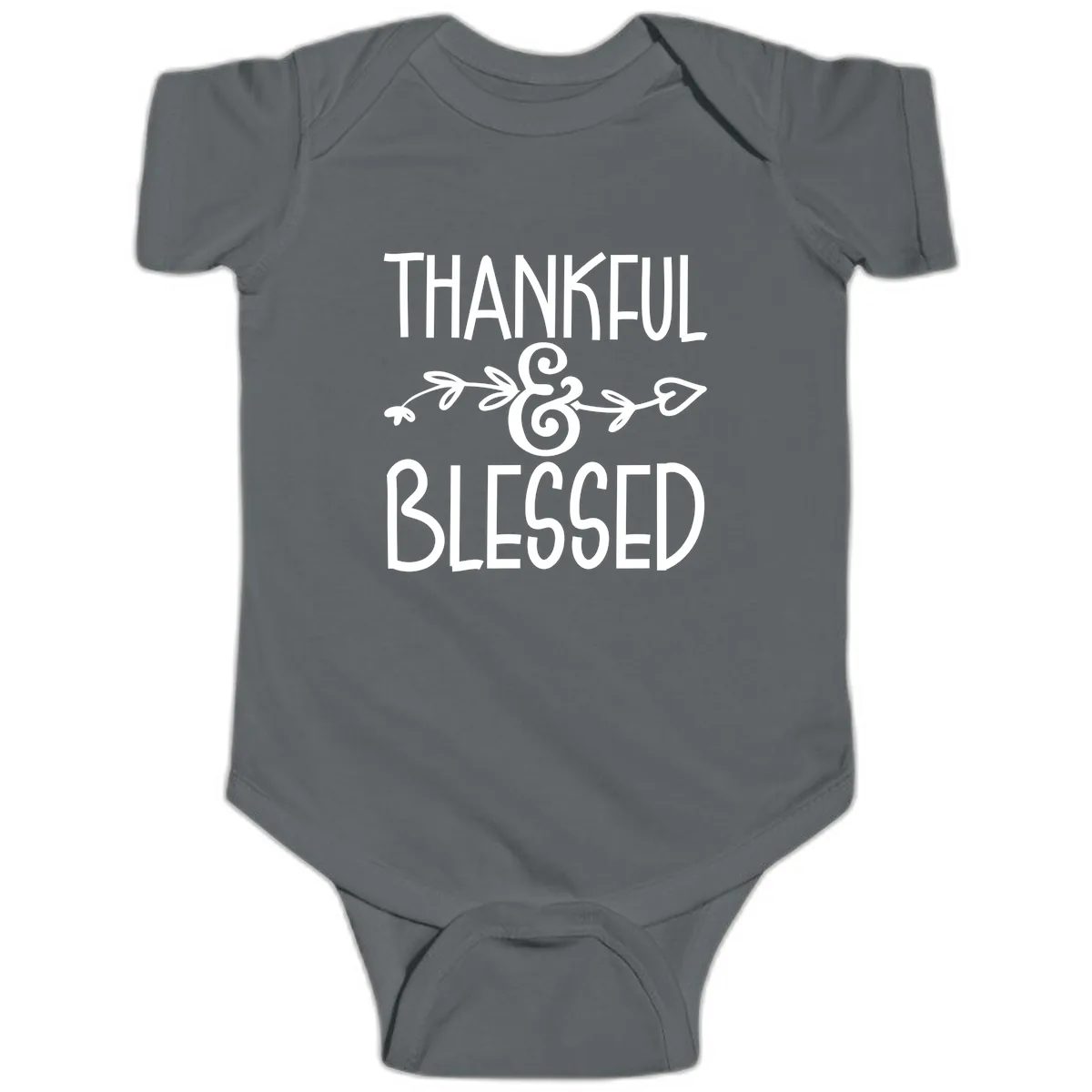 Thankful & Blessed Typography Design Baby Onesie in Charcoal