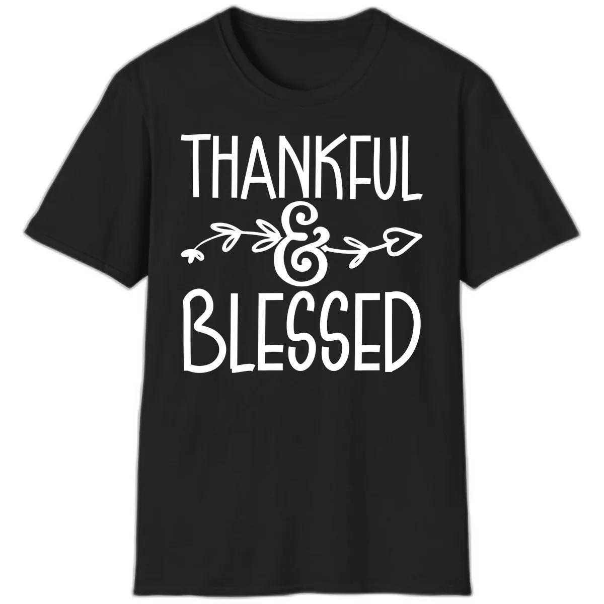 Thankful & Blessed Typography Design T-Shirt in Black