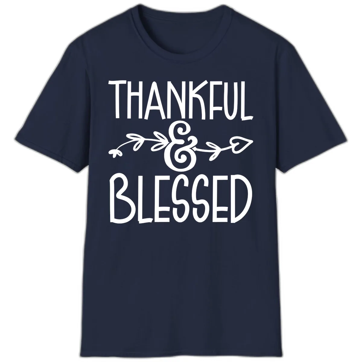 Thankful & Blessed Typography Design T-Shirt in Navy
