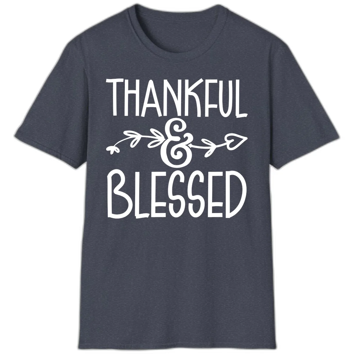 Thankful & Blessed Typography Design T-Shirt in Heather Navy