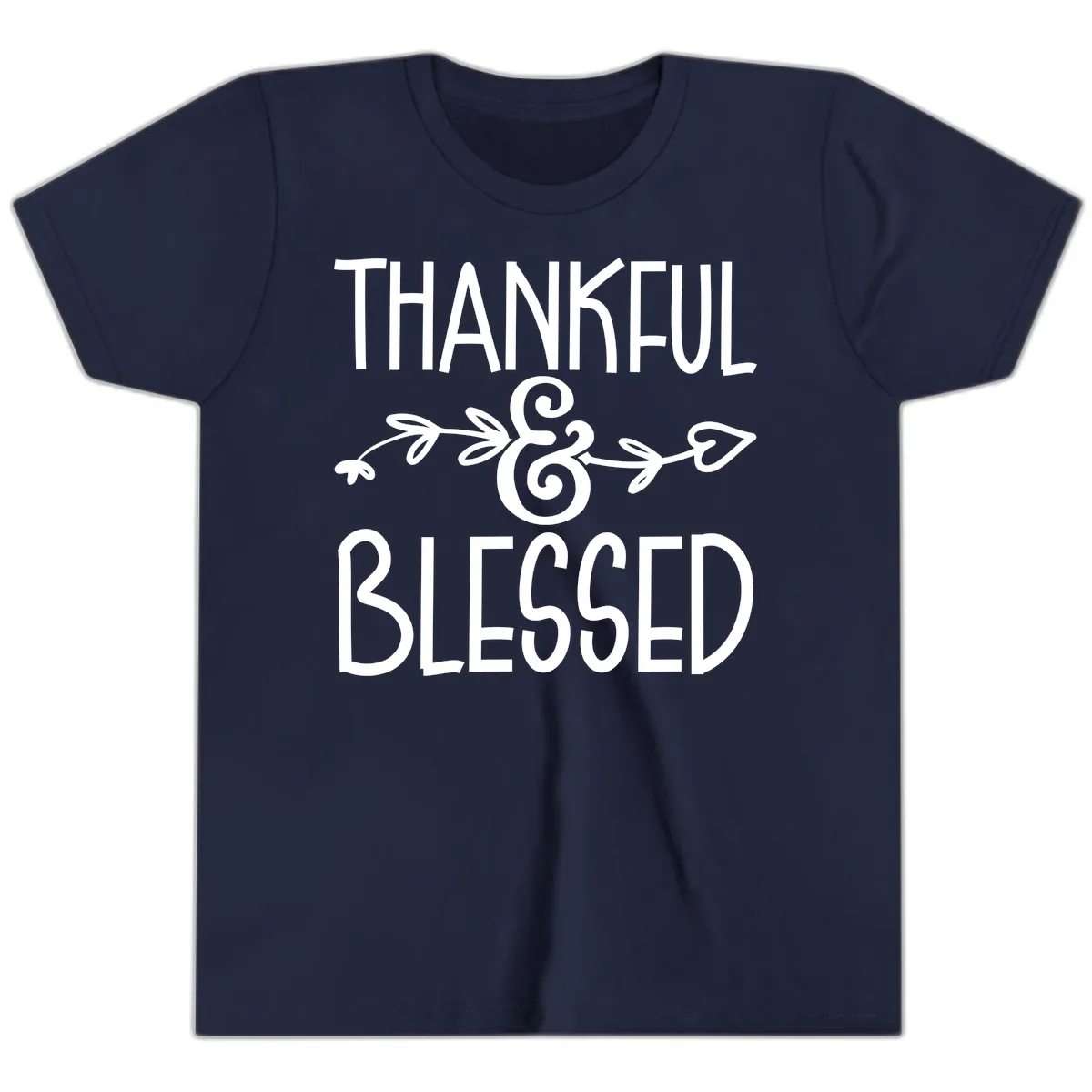 Thankful & Blessed Typography Design Youth T-Shirt in Navy