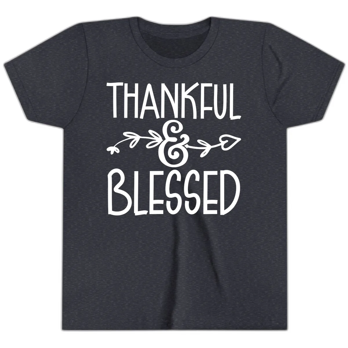 Thankful & Blessed Typography Design Youth T-Shirt in Heather Navy