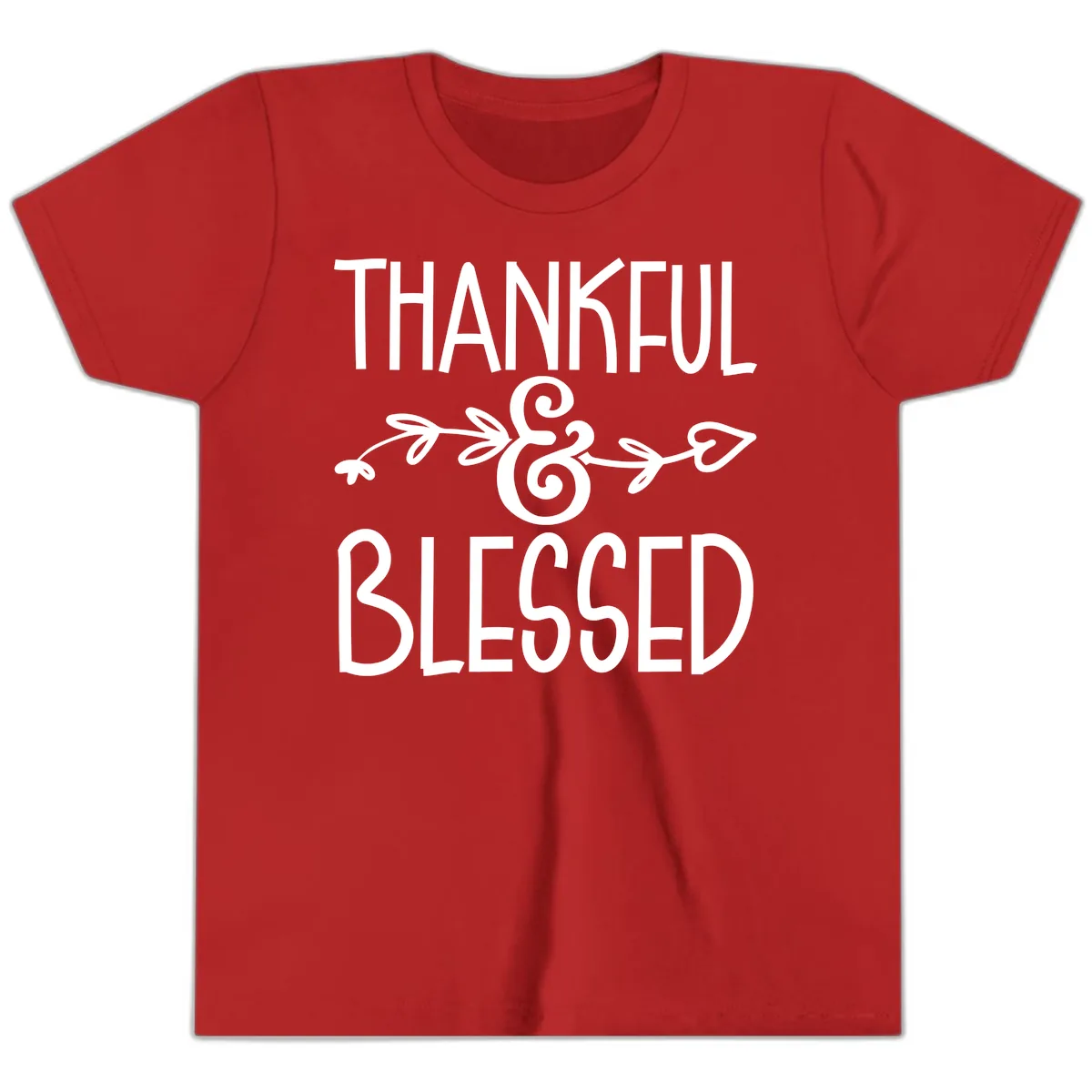Thankful & Blessed Typography Design Youth T-Shirt in Red