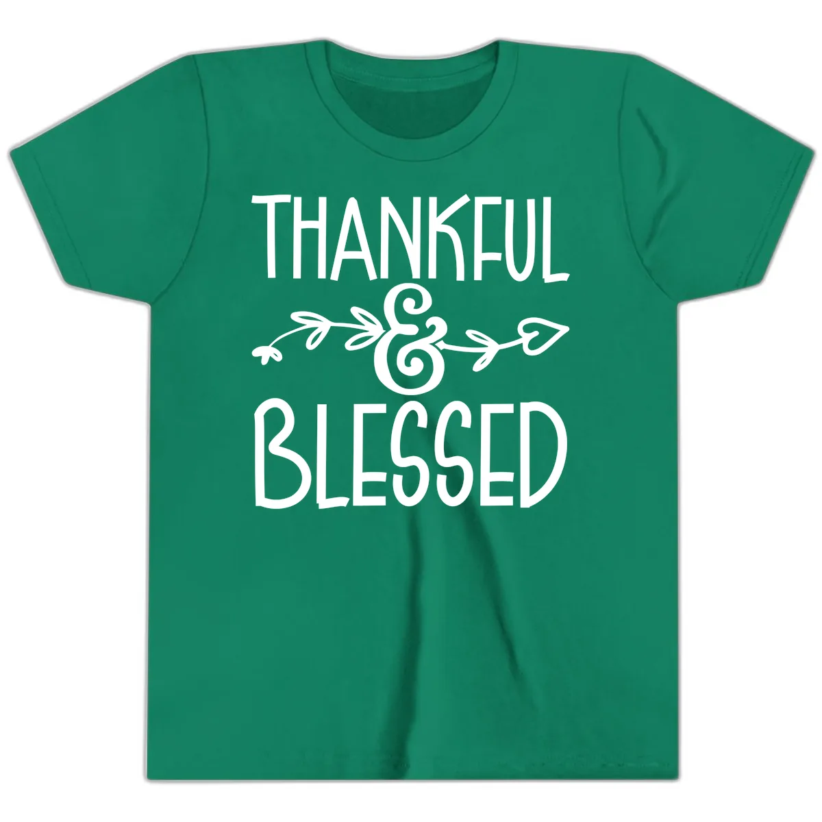 Thankful & Blessed Typography Design Youth T-Shirt in Kelly