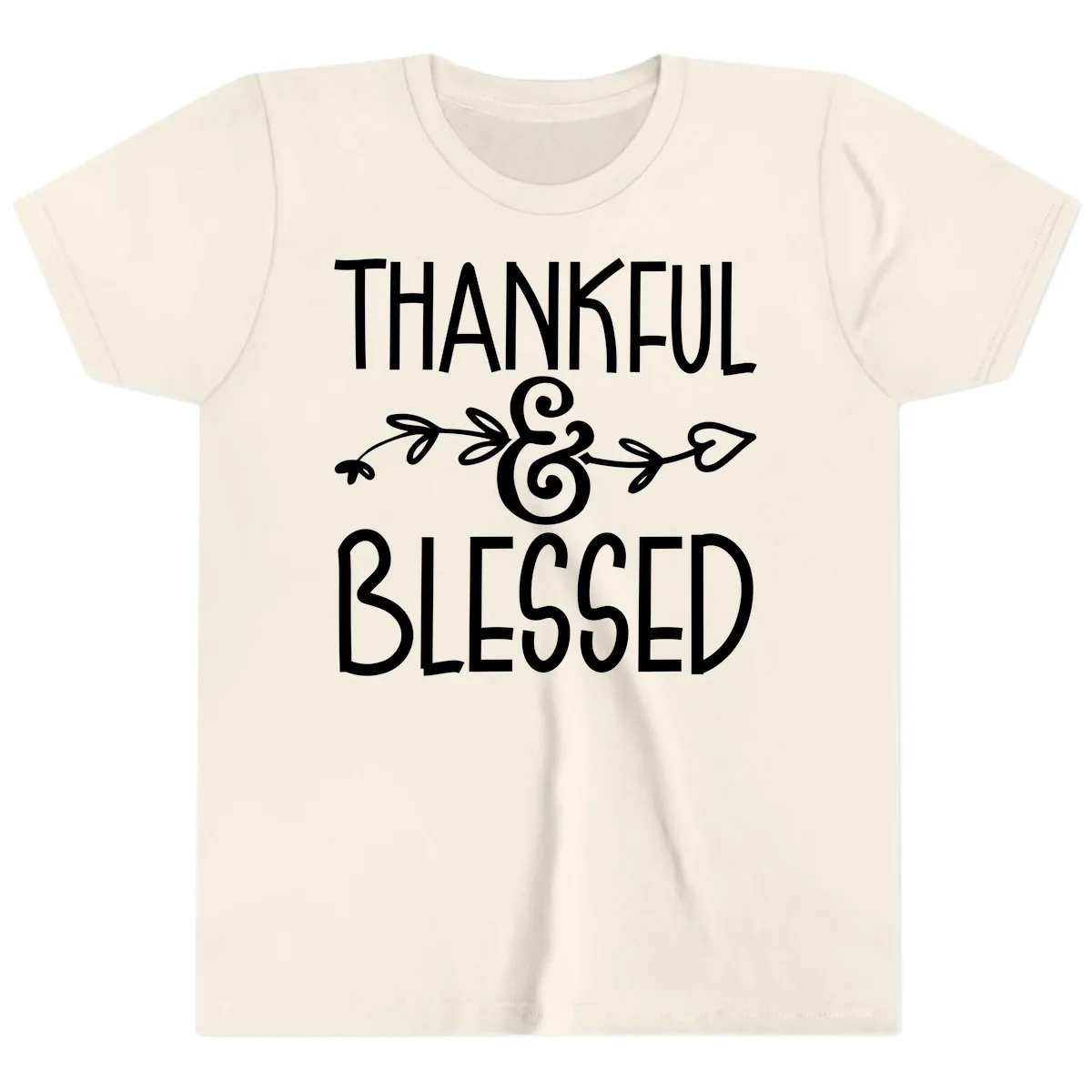 Thankful & Blessed Typography Design Youth T-Shirt in Natural