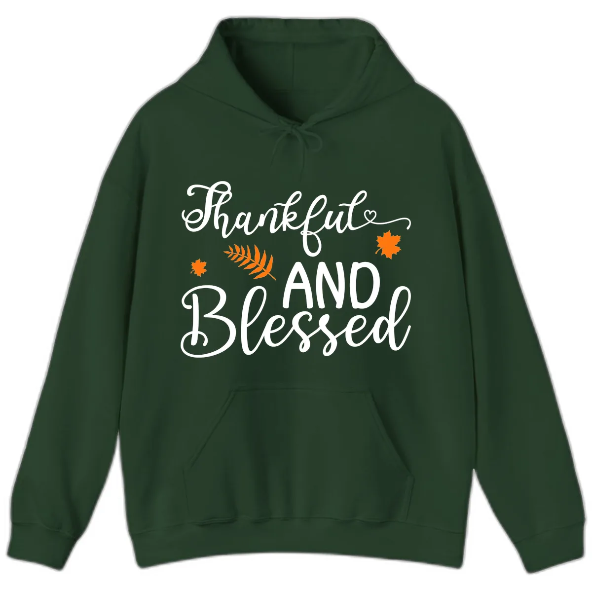 Thankful And Blessed Fall Leaves Hoodie in Forest Green