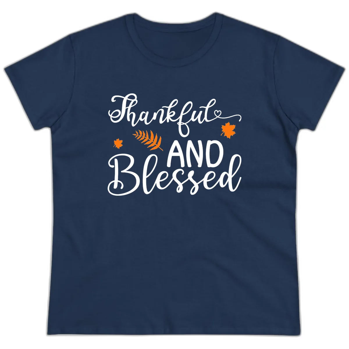 Thankful And Blessed Fall Leaves Ladies Tee in Navy
