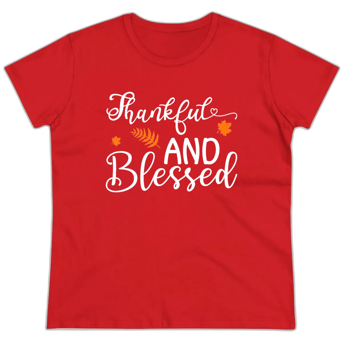 Thankful And Blessed Fall Leaves Ladies Tee in Red