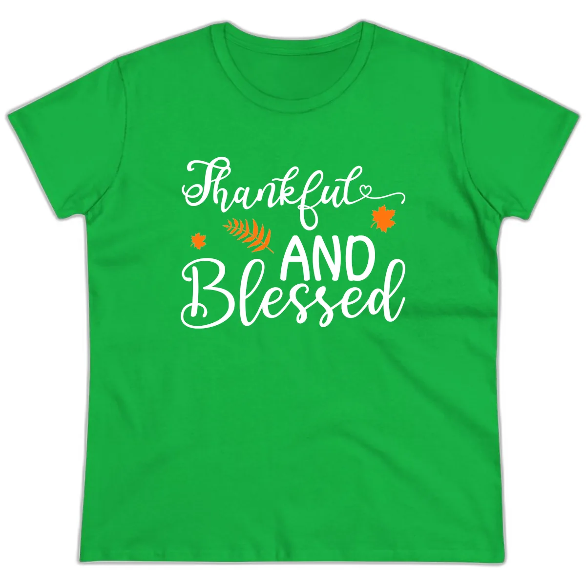 Thankful And Blessed Fall Leaves Ladies Tee in Irish Green