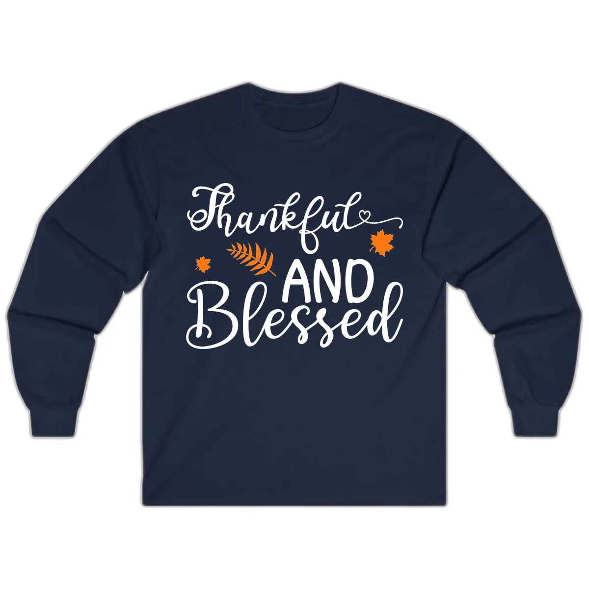Thankful And Blessed Fall Leaves Long Sleeve in Navy
