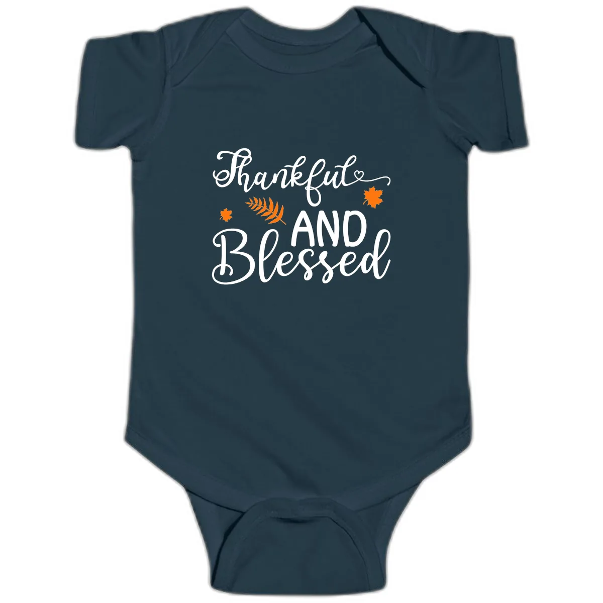 Thankful And Blessed Fall Leaves Baby Onesie in Navy