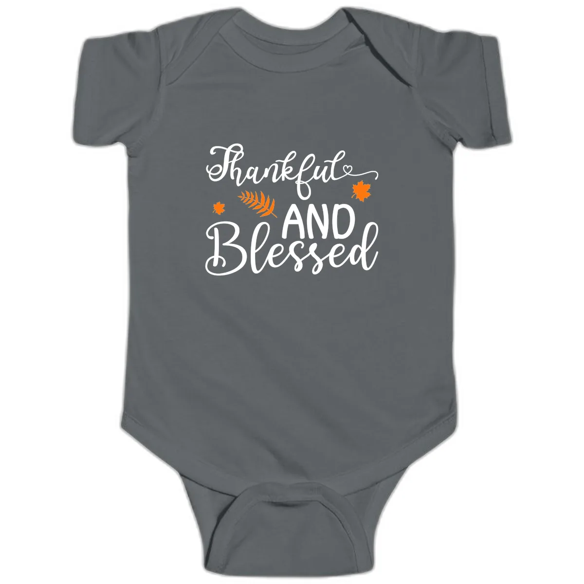 Thankful And Blessed Fall Leaves Baby Onesie in Charcoal