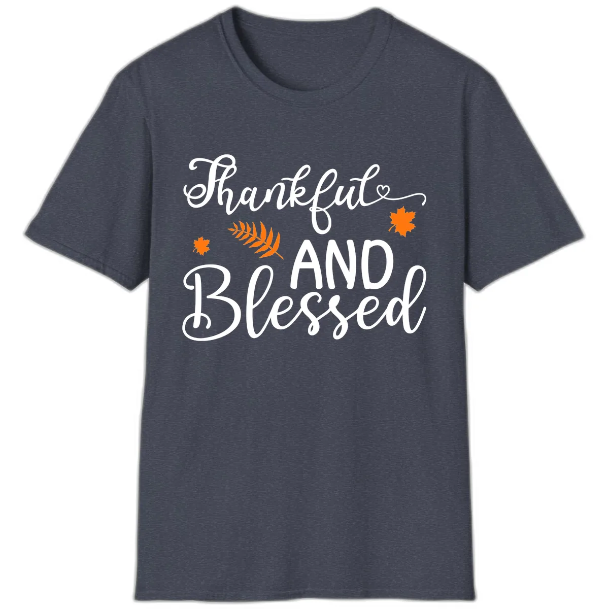 Thankful And Blessed Fall Leaves T-Shirt in Heather Navy