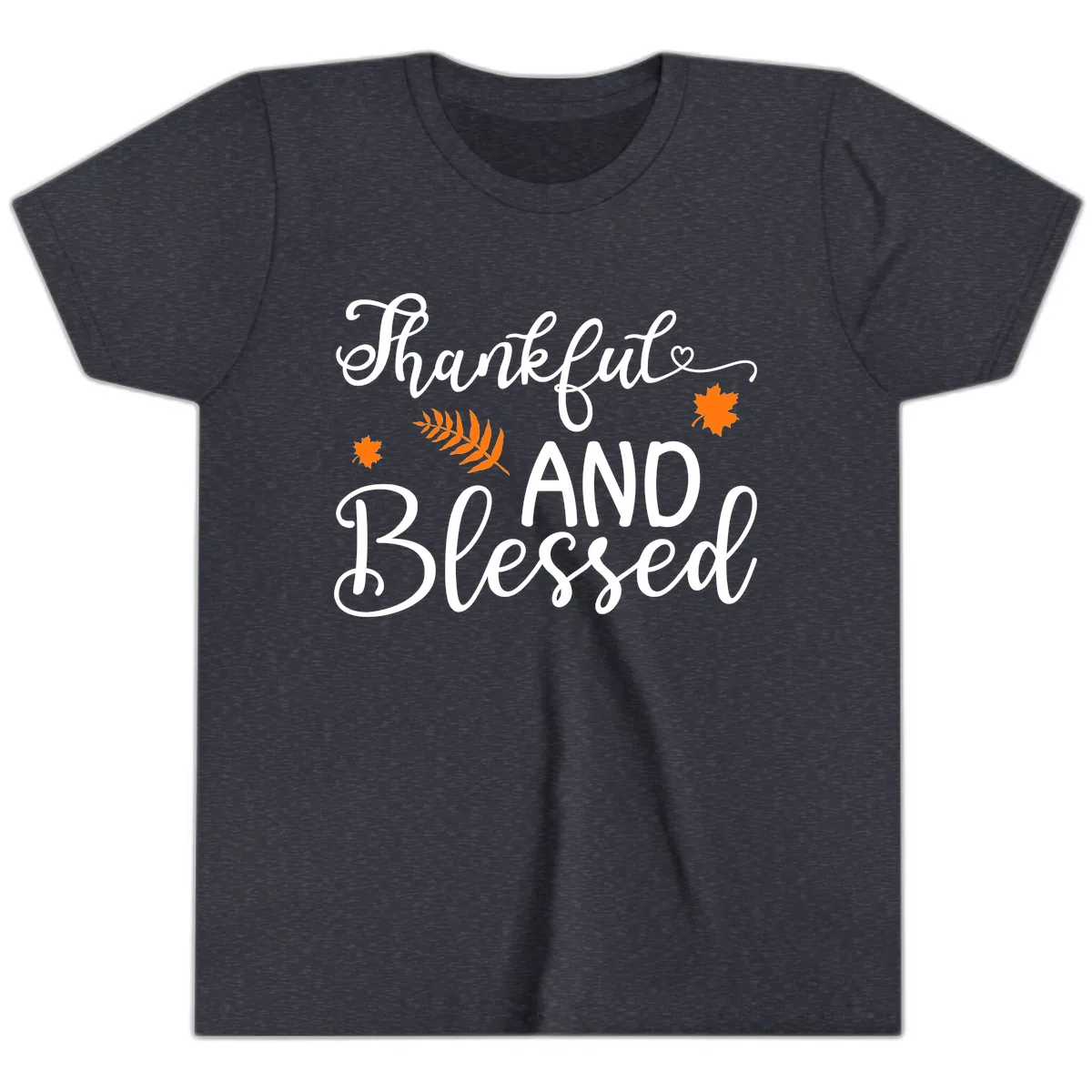Thankful And Blessed Fall Leaves Youth T-Shirt in Heather Navy