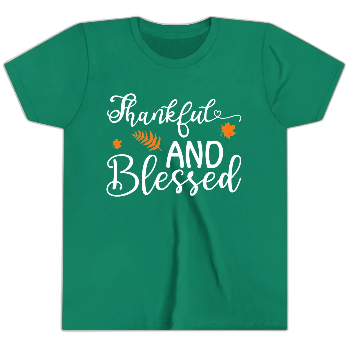 Thankful And Blessed Fall Leaves Youth T-Shirt in Kelly