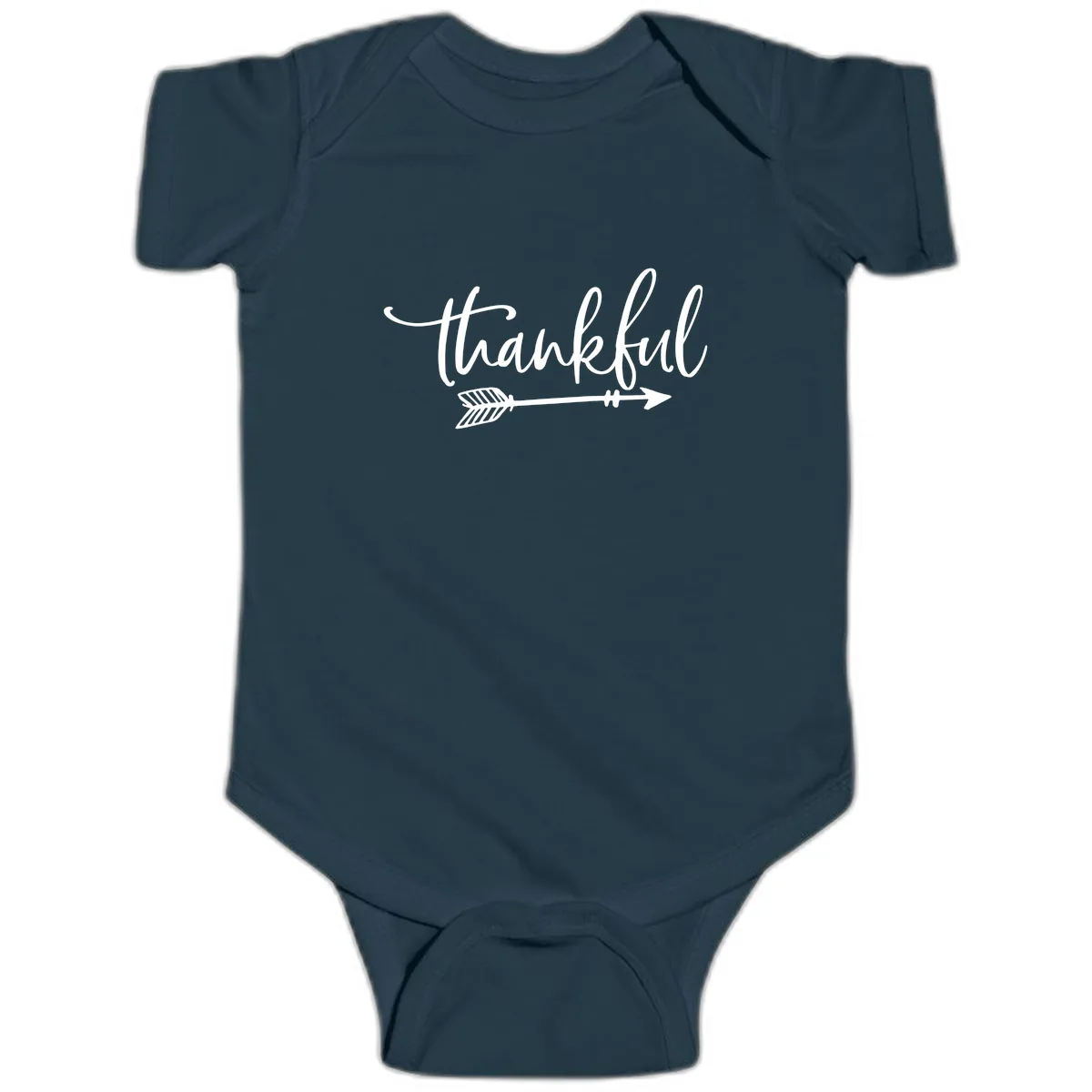 Thankful Arrow Typography Baby Onesie in Navy