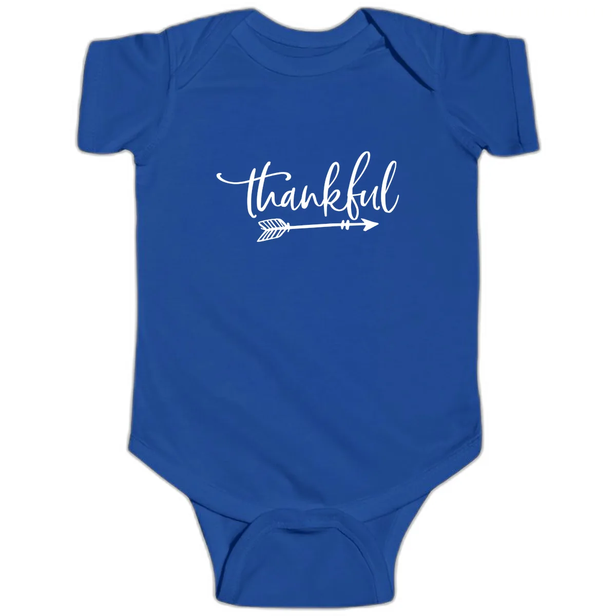 Thankful Arrow Typography Baby Onesie in Royal