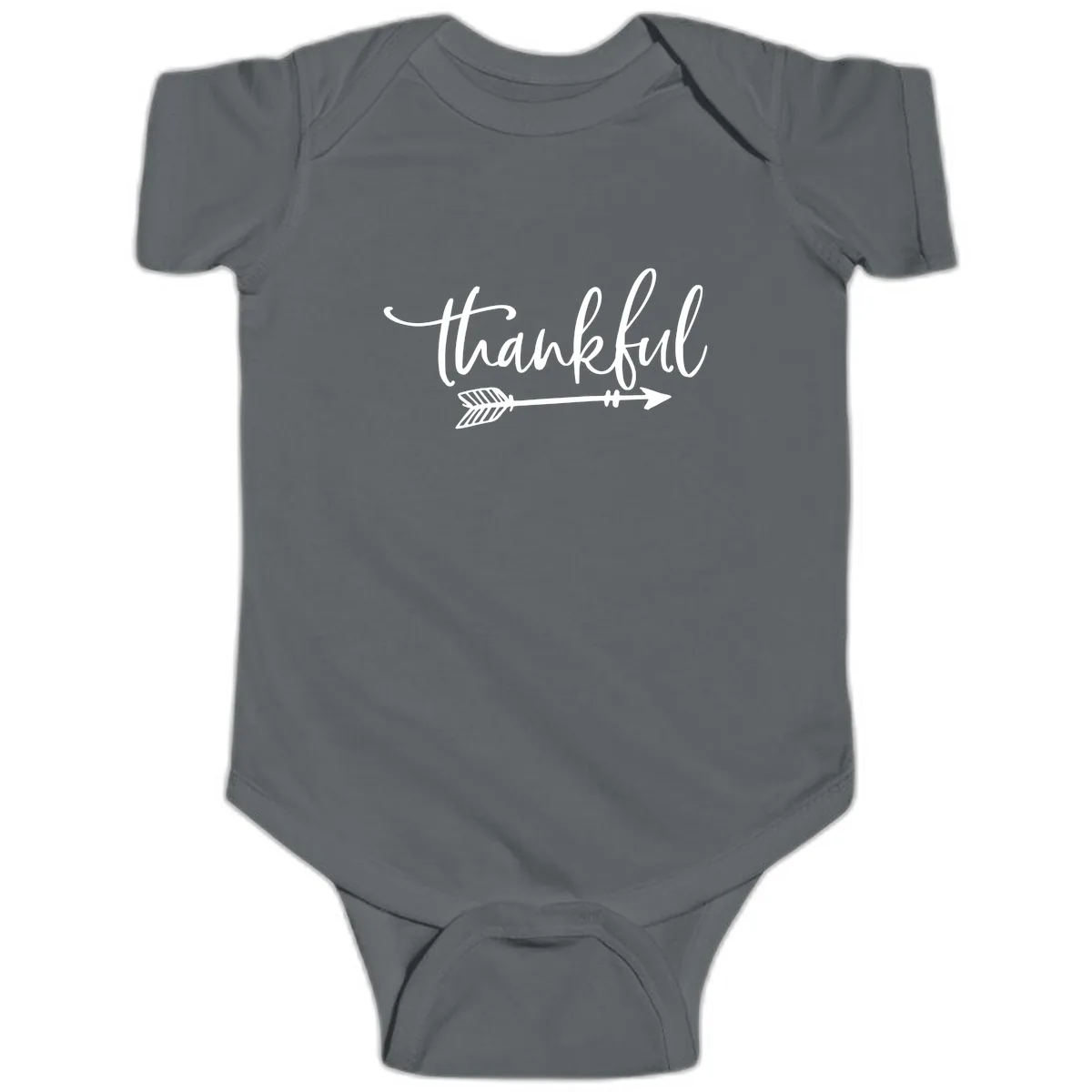 Thankful Arrow Typography Baby Onesie in Charcoal