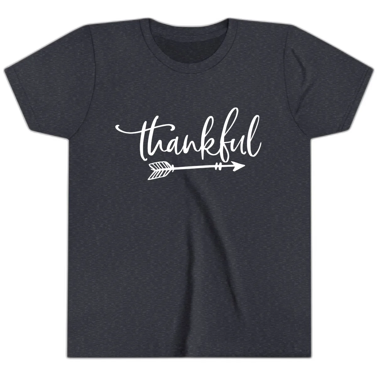 Thankful Arrow Typography Youth T-Shirt in Heather Navy