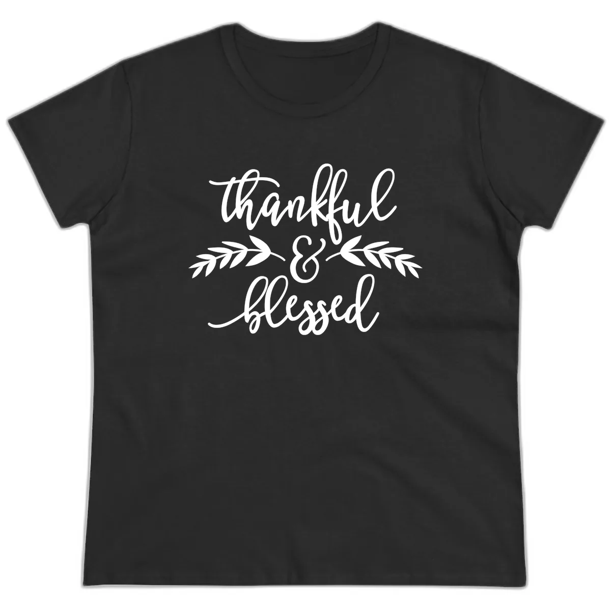 Thankful & Blessed Script Design Ladies Tee in Black