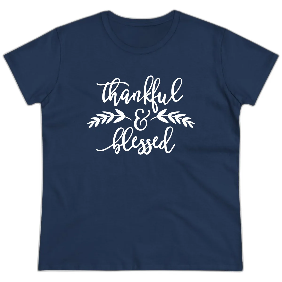 Thankful & Blessed Script Design Ladies Tee in Navy