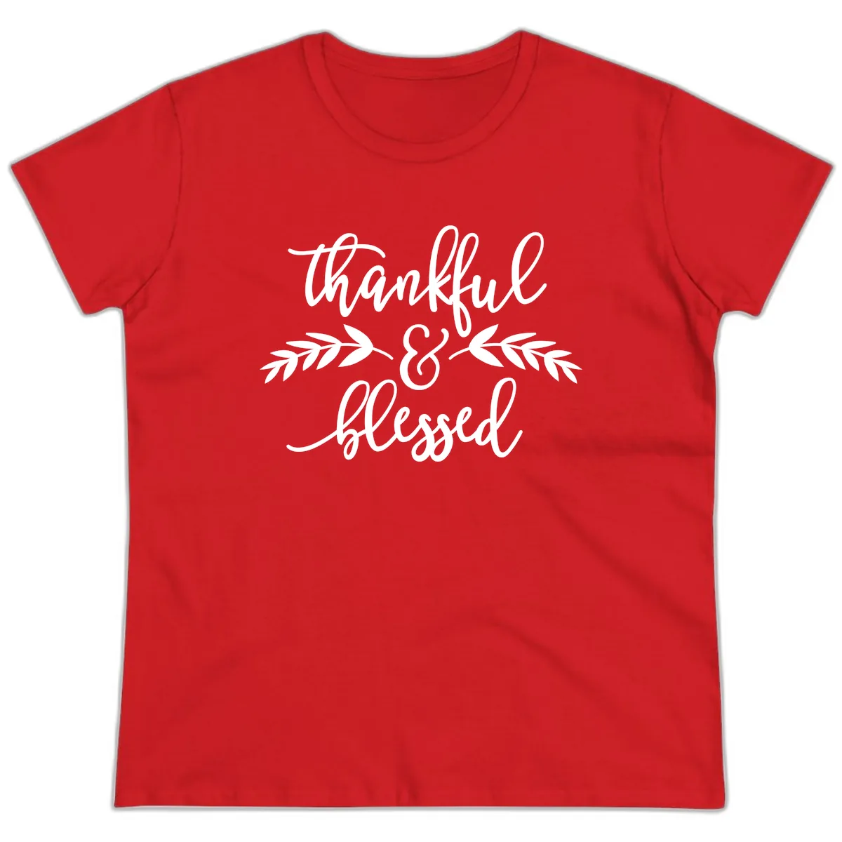 Thankful & Blessed Script Design Ladies Tee in Red