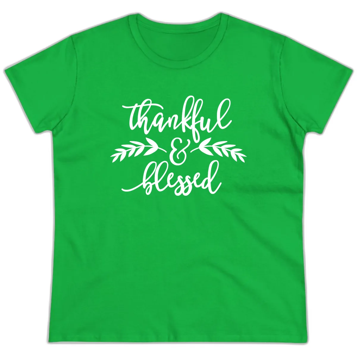 Thankful & Blessed Script Design Ladies Tee in Irish Green