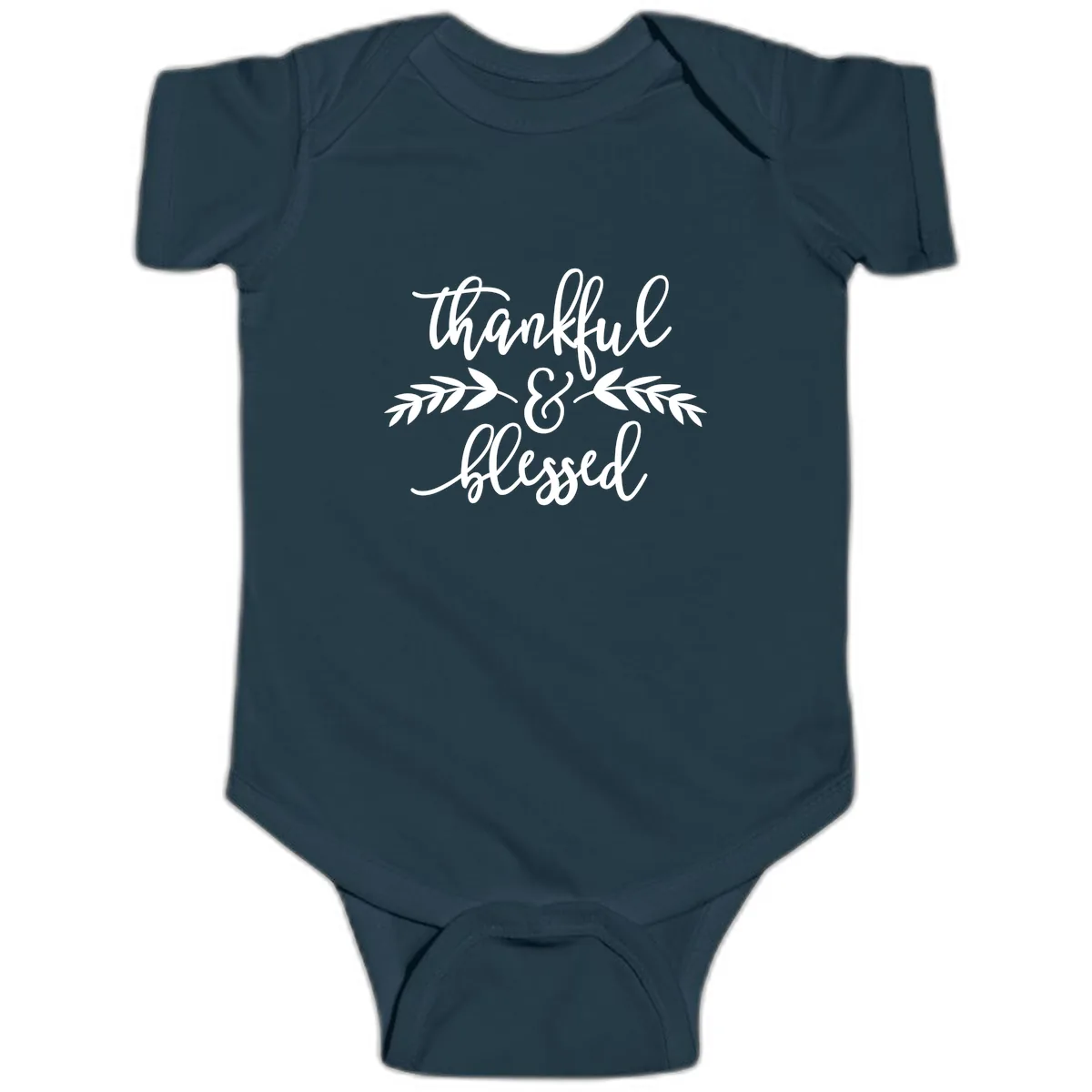 Thankful & Blessed Script Design Baby Onesie in Navy