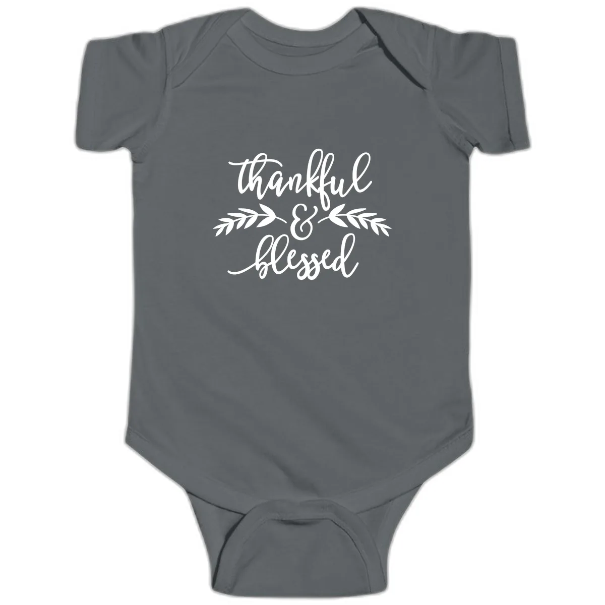 Thankful & Blessed Script Design Baby Onesie in Charcoal