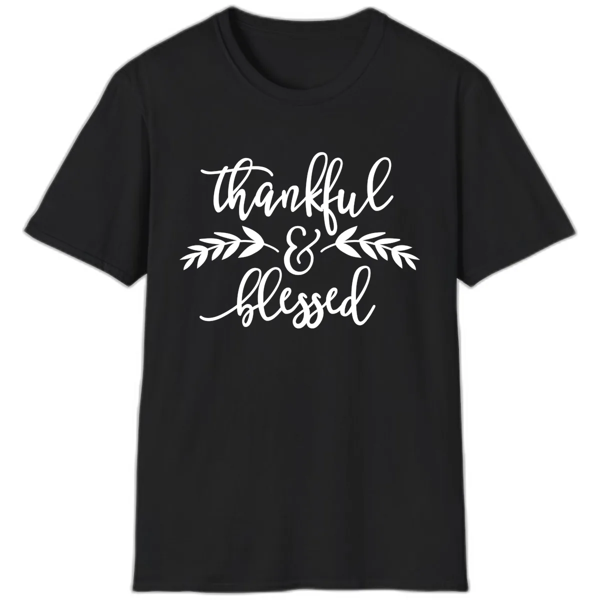 Thankful & Blessed Script Design T-Shirt in Black