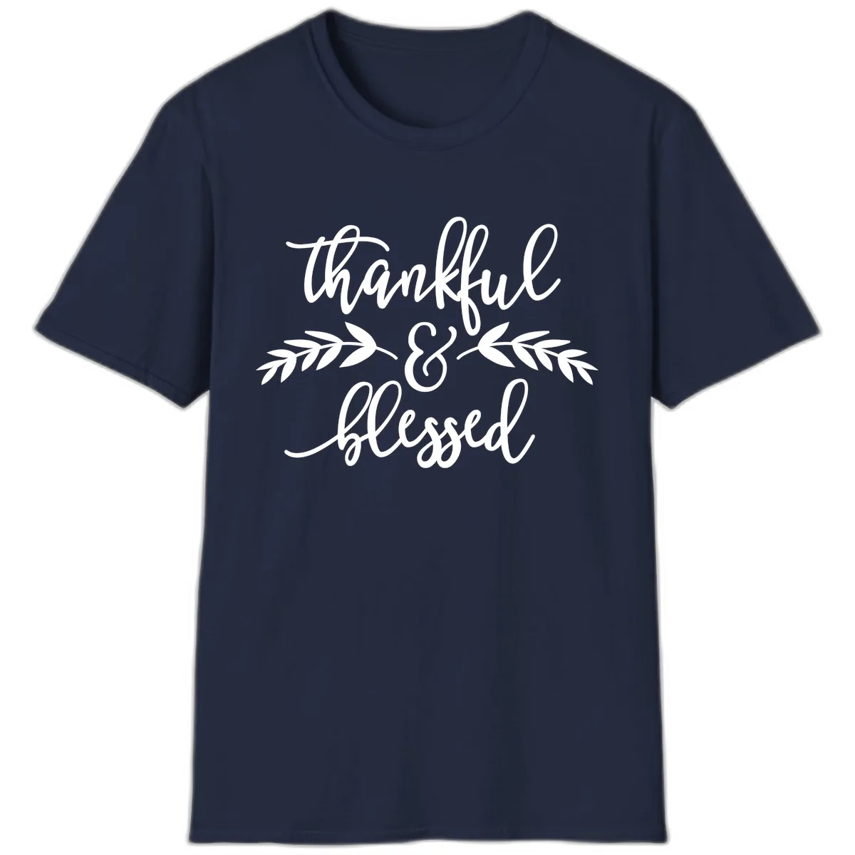 Thankful & Blessed Script Design T-Shirt in Navy
