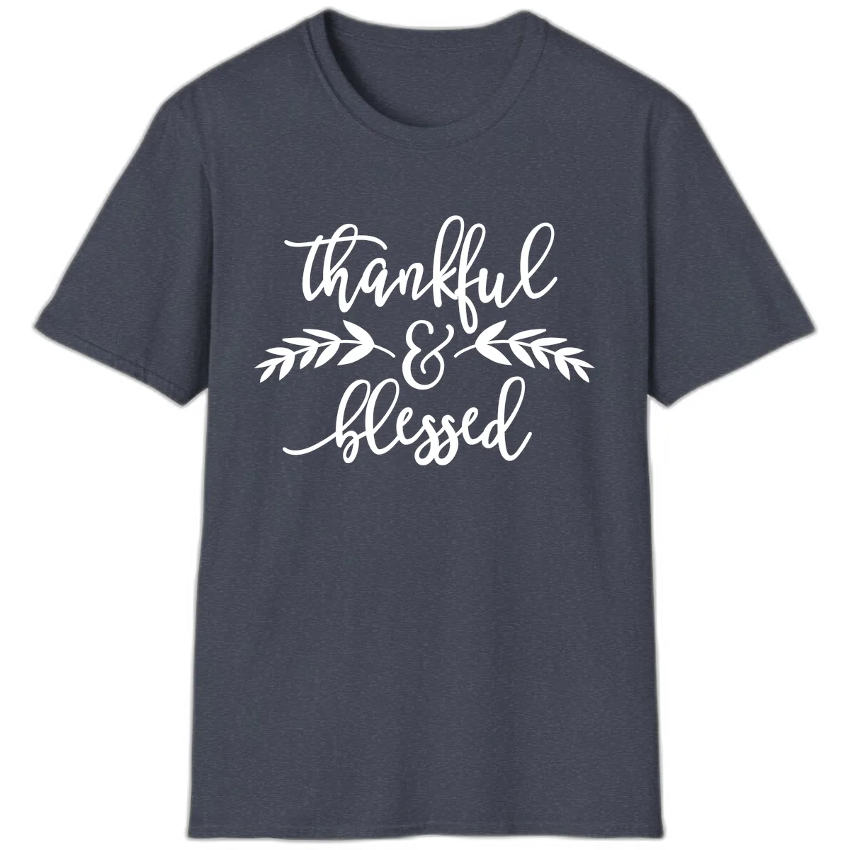 Thankful & Blessed Script Design T-Shirt in Heather Navy