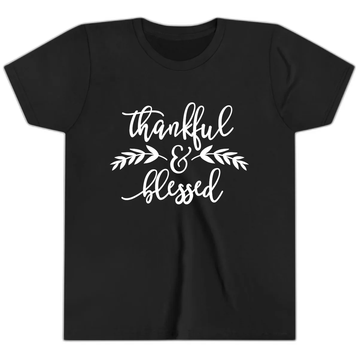 Thankful & Blessed Script Design Youth T-Shirt in Black