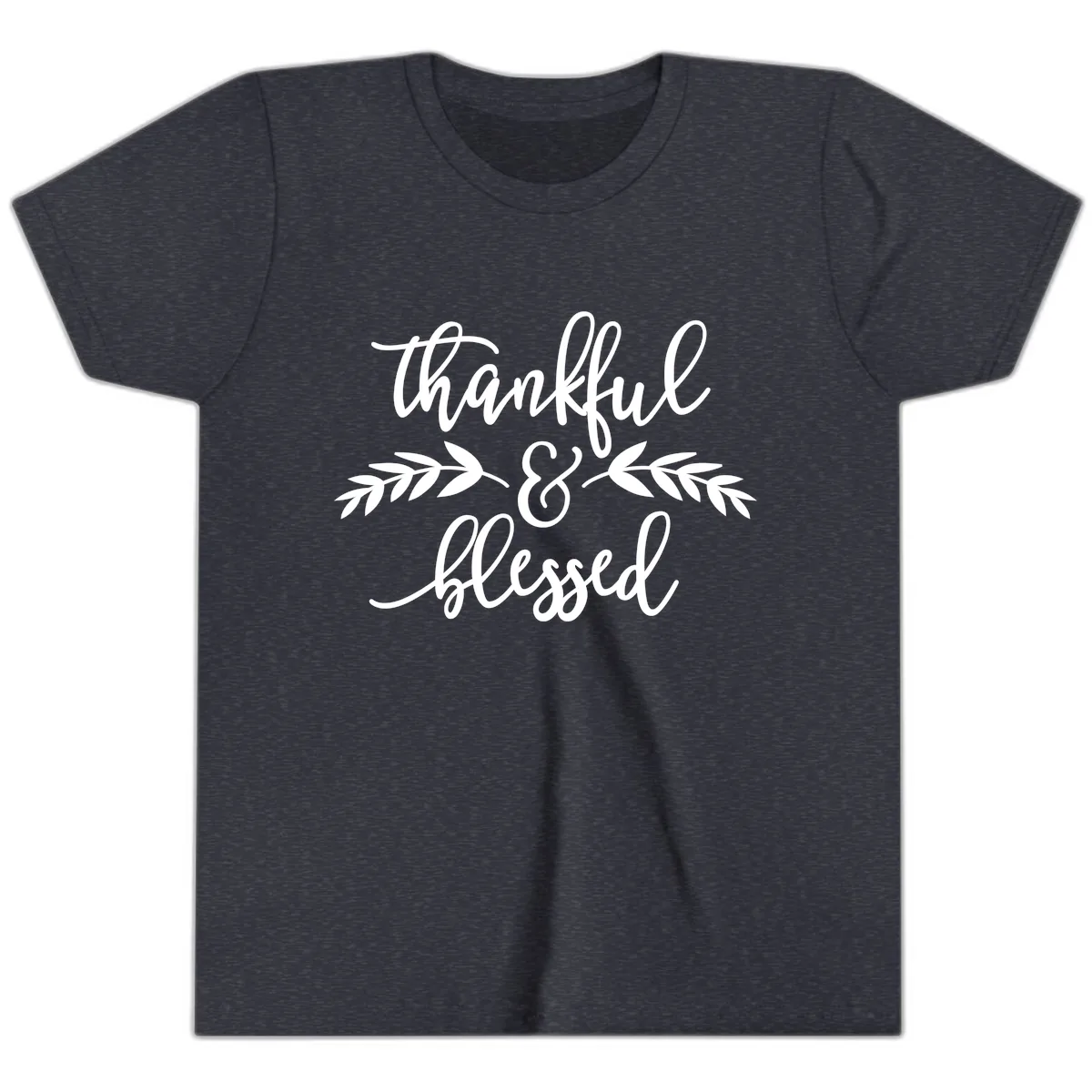 Thankful & Blessed Script Design Youth T-Shirt in Heather Navy